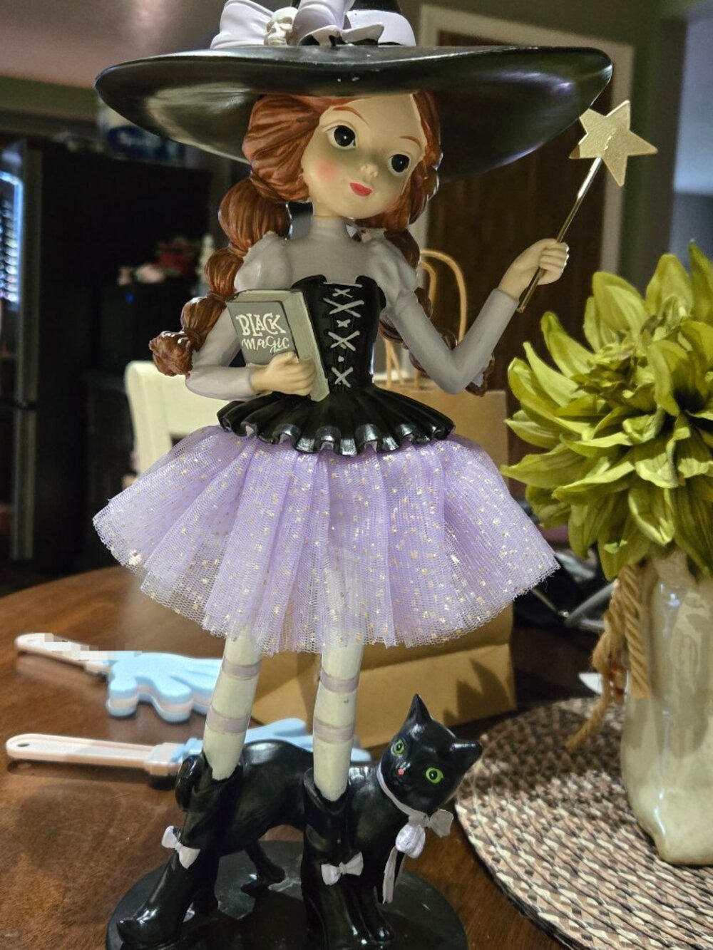 Whimsical Witch Figurine with Black Cat Wand Black Magic Book Halloween 15 Inch